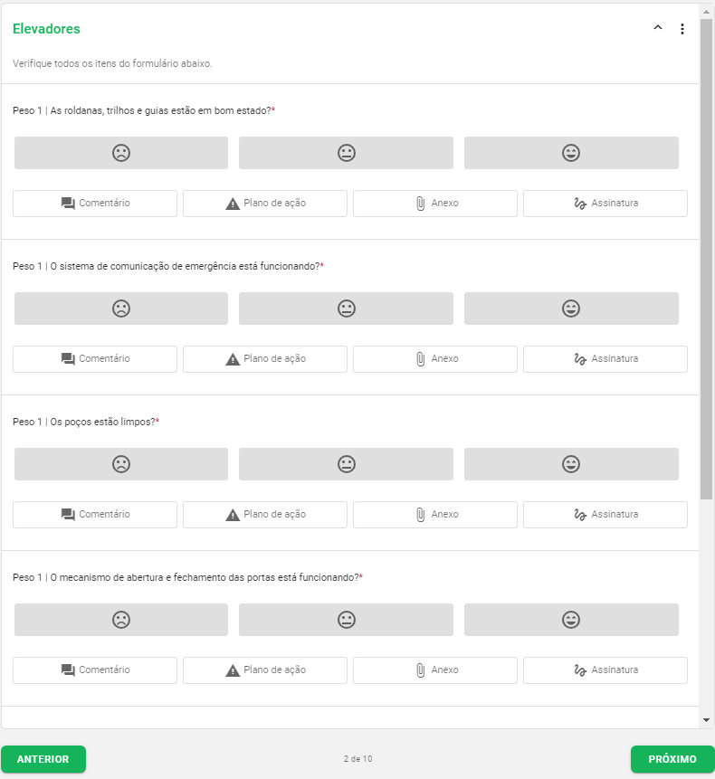 Amostra de um checklist digital para manutenção de elevadores